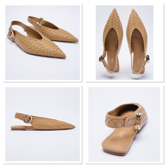 NWT Zara Tan Pointed Toe Woven Buckle Ankle Strap Slingback Flats - Picture 2 of 11